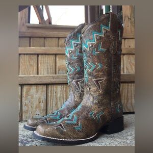 Corral Boots Bronze & Turquoise Aztec Square Toe Cowboy Boots, NIB size 5.5